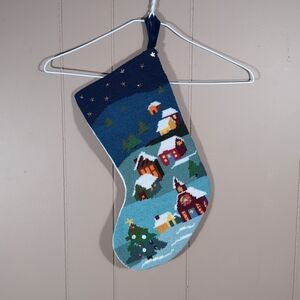 Needlepoint Christmas Stocking Handmade Vintage Church Snow Tree Sequin Blue